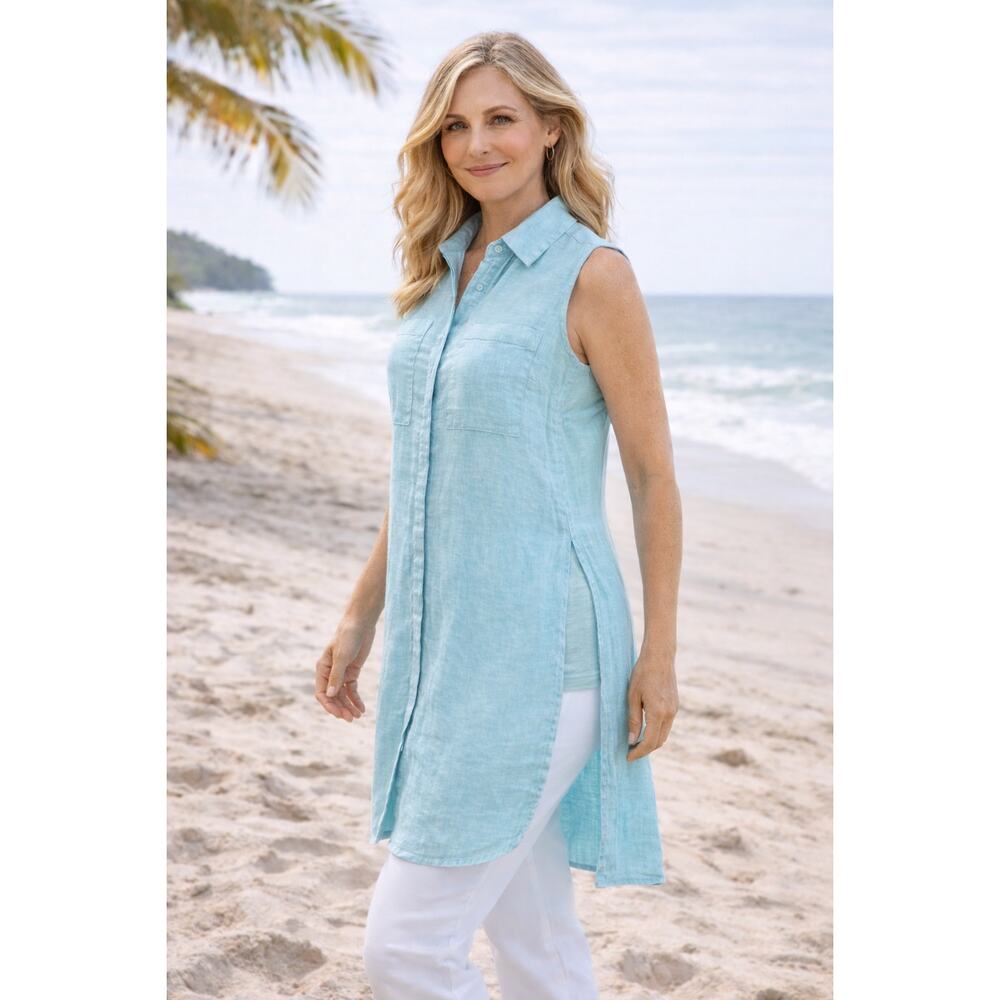 Chico’s Linen Sleeveless Button Front Side Slit Layered Tunic Aqua Lagenlook S